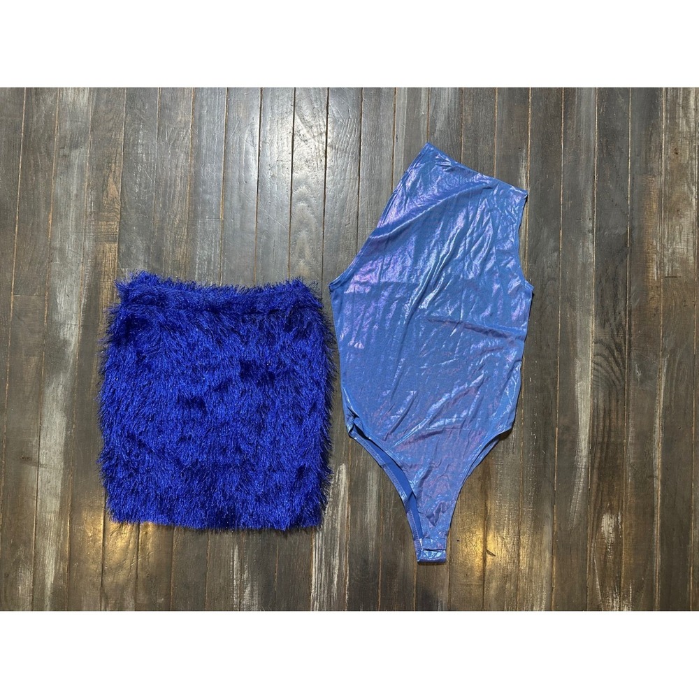 Metallic Iridescent One Shoulder Bodysuit and Blue Fringe Mini Skirt Set Womens